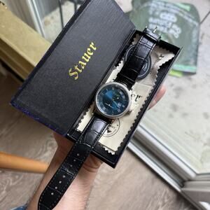 Stauer Men’s Watch 44mm Urban Blue Dial Black Leather Band 28997 New in Box